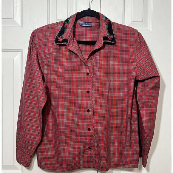 Vtg Karen Scott Red Green Tartan Plaid Velvet Trim Poinsettia Collar Shirt Sz L - Picture 2 of 9